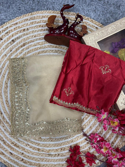 PURE SOFT NYLON ORGANZA SILK FABRIC ON BEAUTIFUL C-PALLU EMBROIDERY  SEQUENCES AND ZARI WORK WITH CUT WORK BORDER IN SAREE