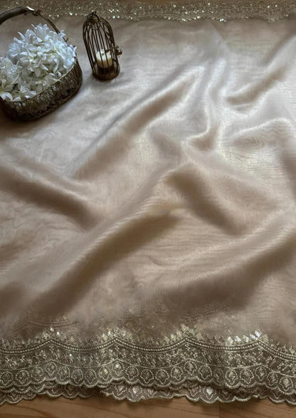 PURE SOFT NYLON ORGANZA SILK FABRIC ON BEAUTIFUL C-PALLU EMBROIDERY  SEQUENCES AND ZARI WORK WITH CUT WORK BORDER IN SAREE