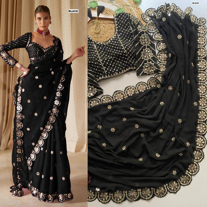 Blossom Party Wear Black Colour Faux Georgette Sequence Heavy Border n Real Mirror Work Fancy Designer Saree With stitched Blouse