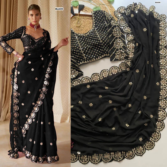 Blossom Party Wear Black Colour Faux Georgette Sequence Heavy Border n Real Mirror Work Fancy Designer Saree With stitched Blouse