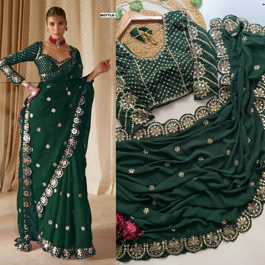 Blossom Party Wear Green Colour Faux Georgette Sequence Heavy Border n Real Mirror Work Fancy Designer Saree With stitched Blouse