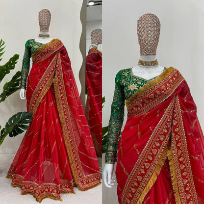 Soft Organza Silk Fabric sequence embroidery Work Saree