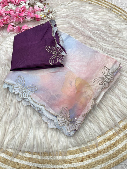 Sattin digital print jarkhan Work Saree