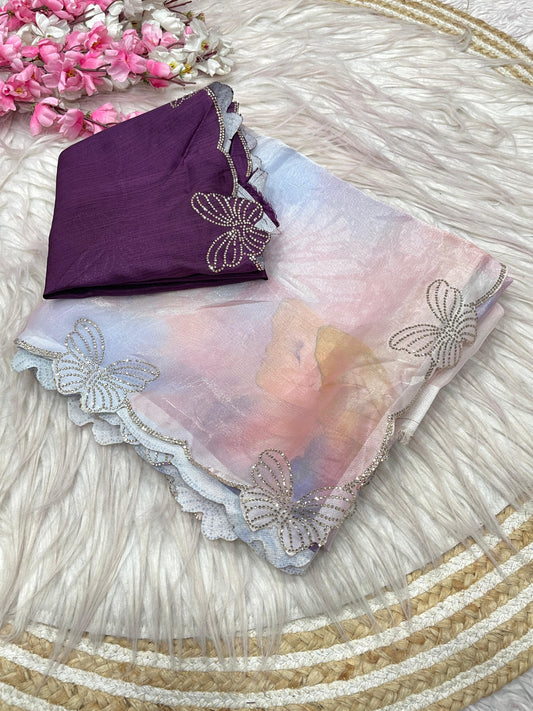 Sattin digital print jarkhan Work Saree