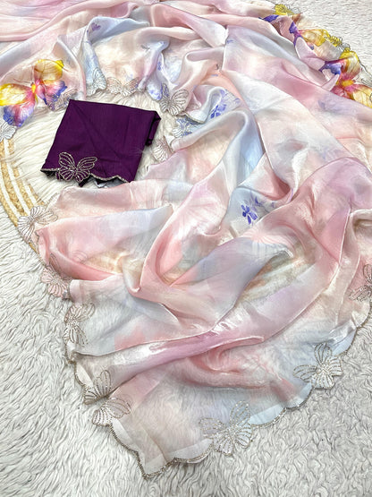 Sattin digital print jarkhan Work Saree