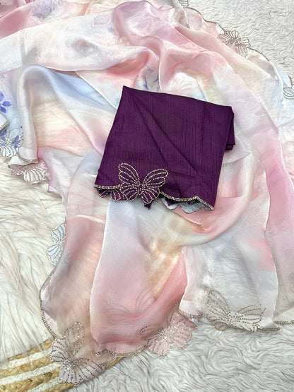 Sattin digital print jarkhan Work Saree