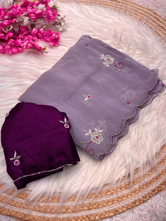 Beautiful khatli cut Dena Handwork Saree