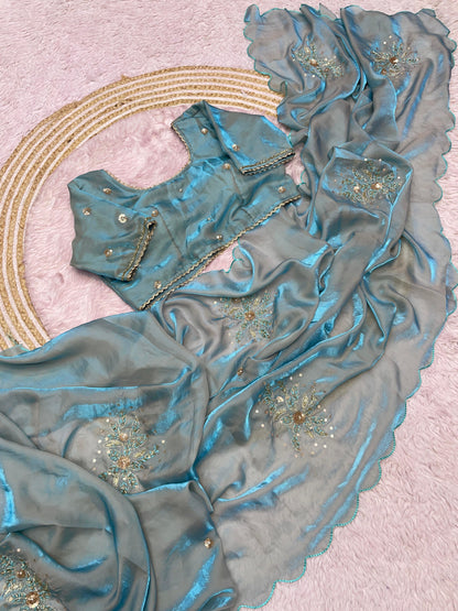 Beautiful khatli cut Dena Handwork Saree