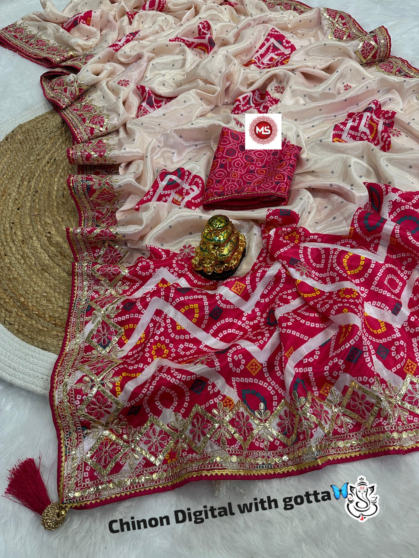 Beautiful Chinon silk bandhej saree