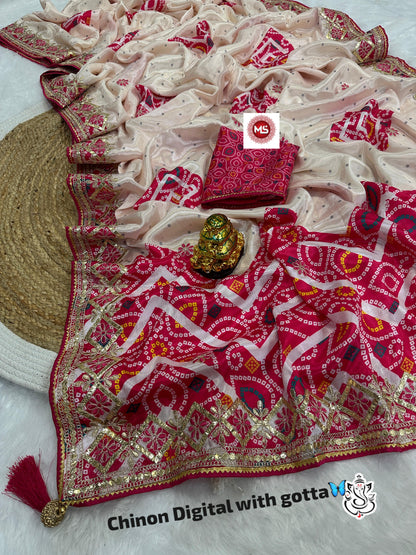 Beautiful Chinon silk bandhej saree