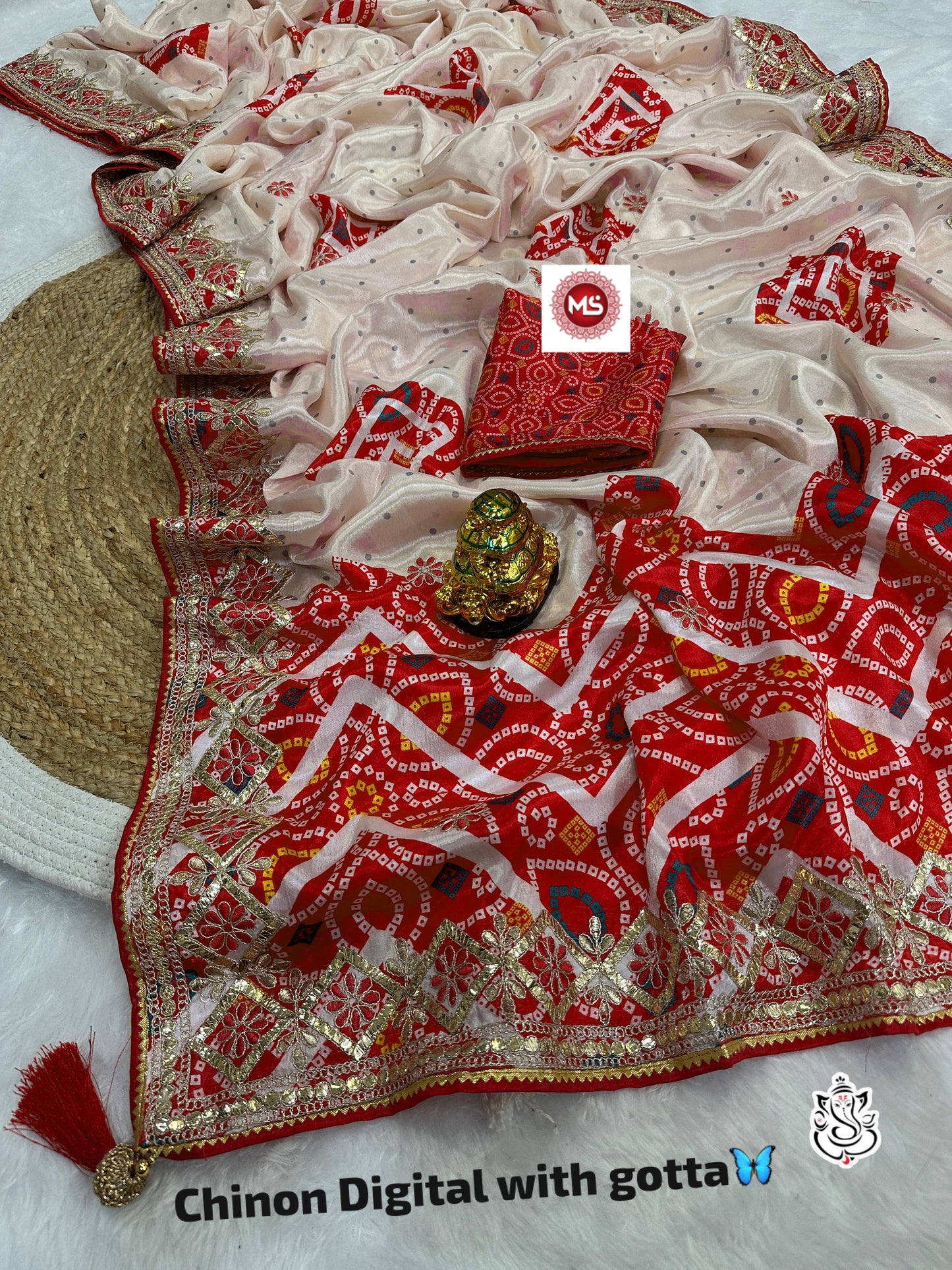 Beautiful Chinon silk bandhej saree