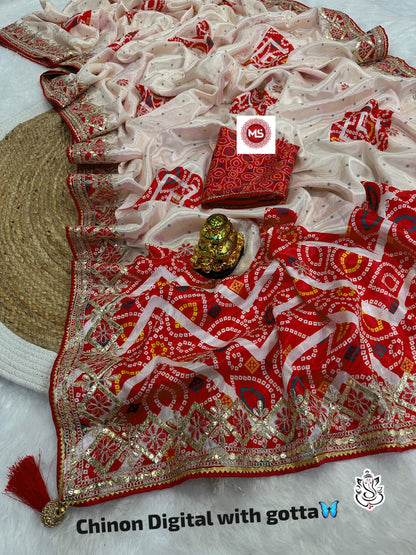 Beautiful Chinon silk bandhej saree