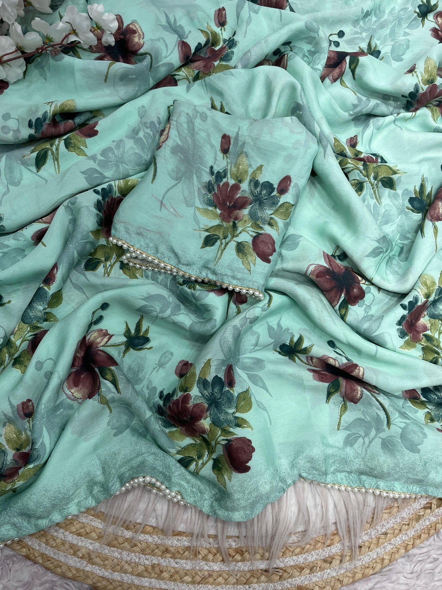 Soft Chinnon Saree With Foral print all Over Saree