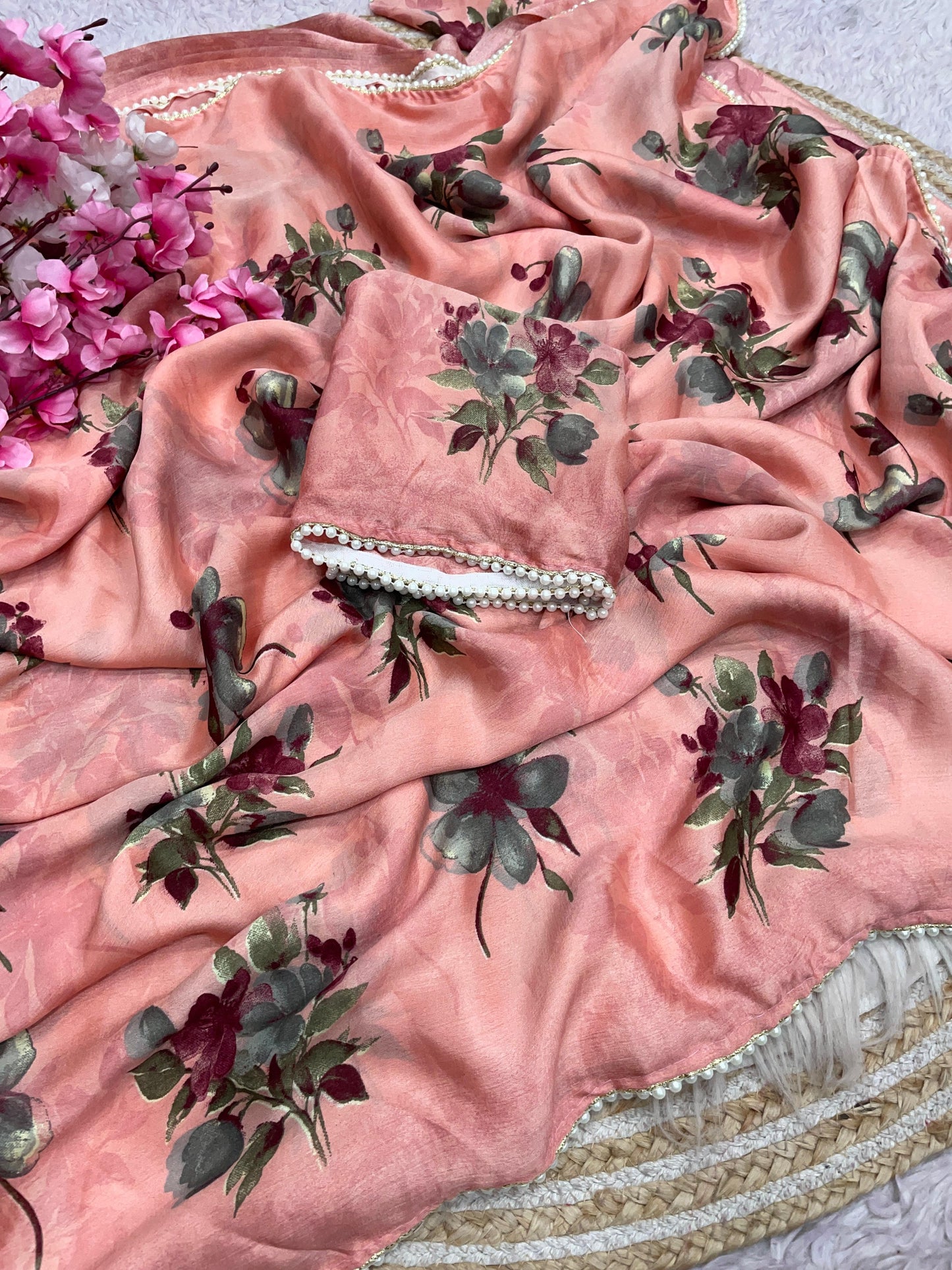 Soft Chinnon Saree With Foral print all Over Saree