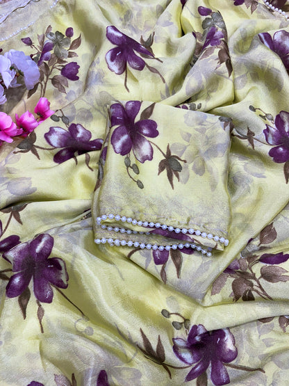 Soft Chinnon Saree With Foral print all Over Saree