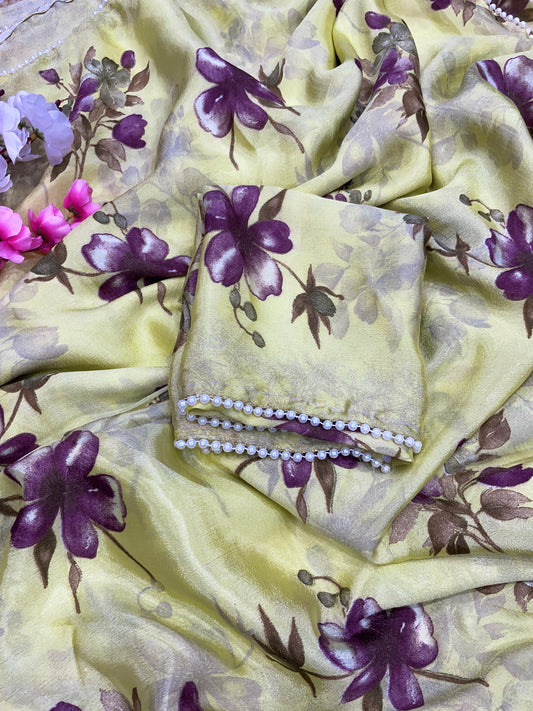 Soft Chinnon Saree With Foral print all Over Saree