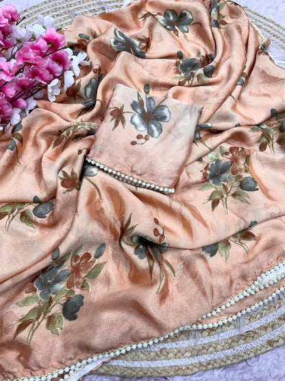 Soft Chinnon Saree With Foral print all Over Saree