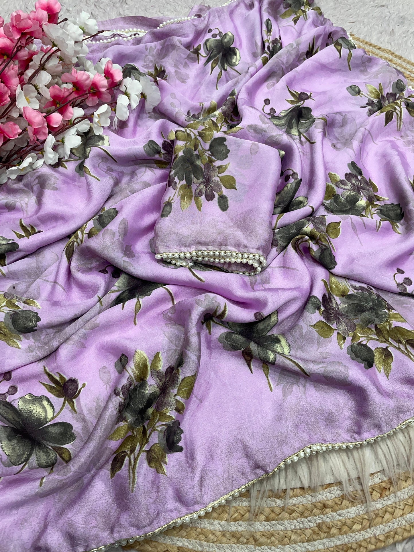 Soft Chinnon Saree With Foral print all Over Saree