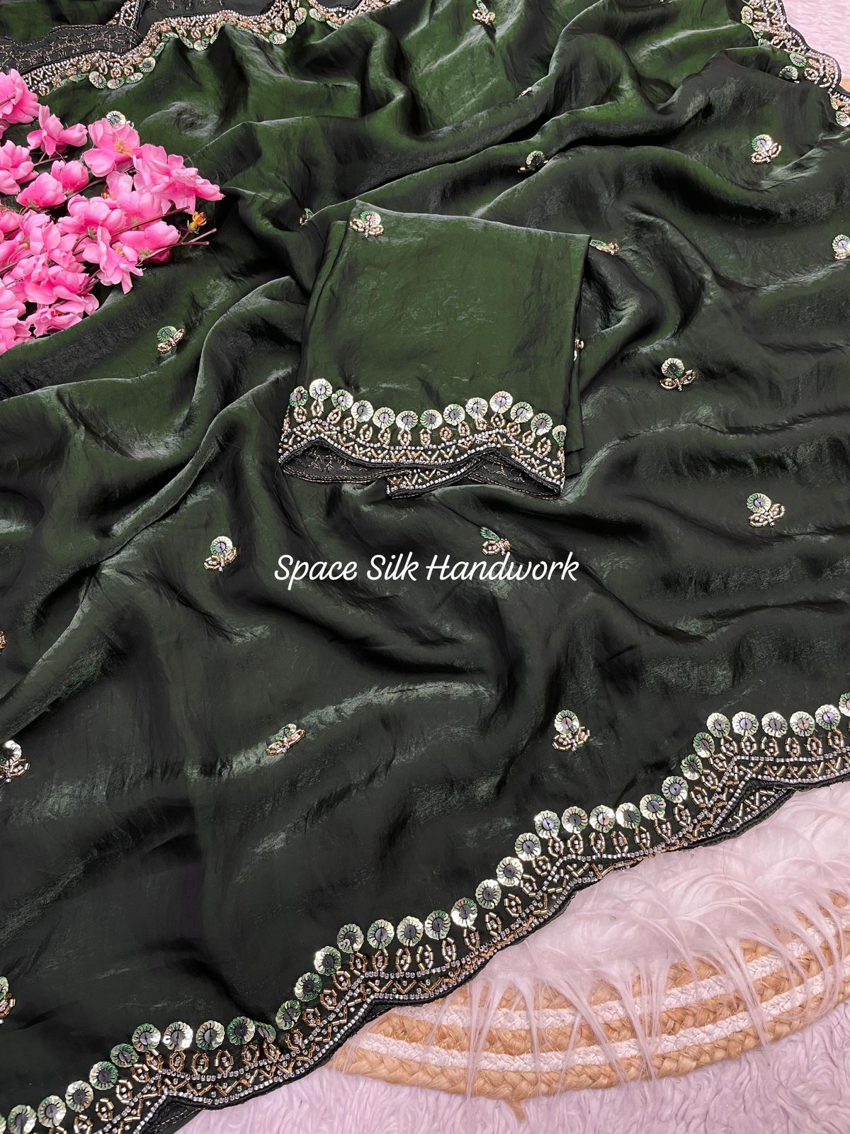 Fancy Space Silk Fabric With Fancy Handwork Saree