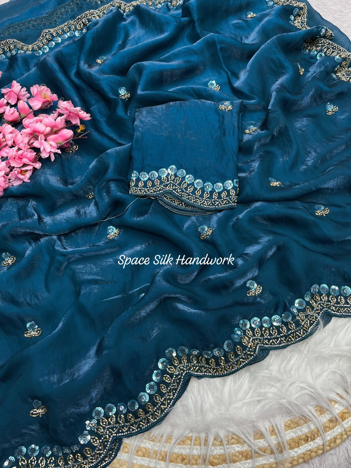 Fancy Space Silk Fabric With Fancy Handwork Saree