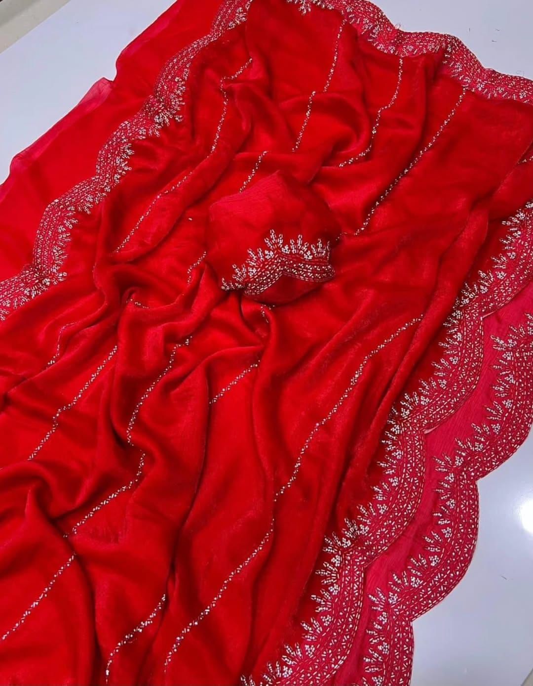 Fendy Chiffon saree with Jar khan Dimond Work