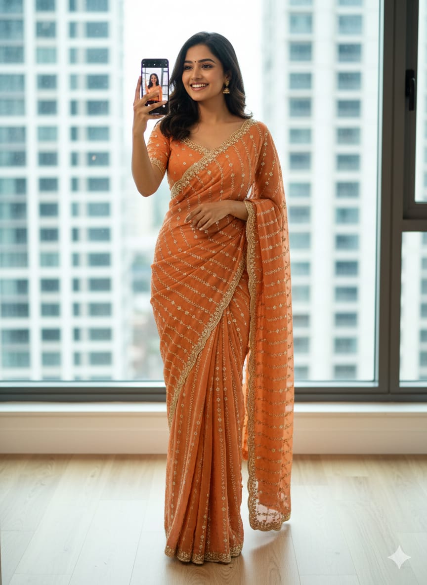 Premium Heavy Star Georgette Sequin Saree