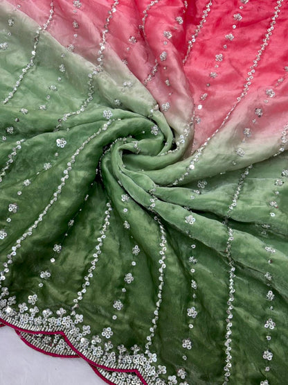 Luxurious Dual-Shade Space Silk Saree with Original Bead Work