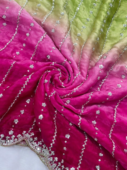 Luxurious Dual-Shade Space Silk Saree with Original Bead Work