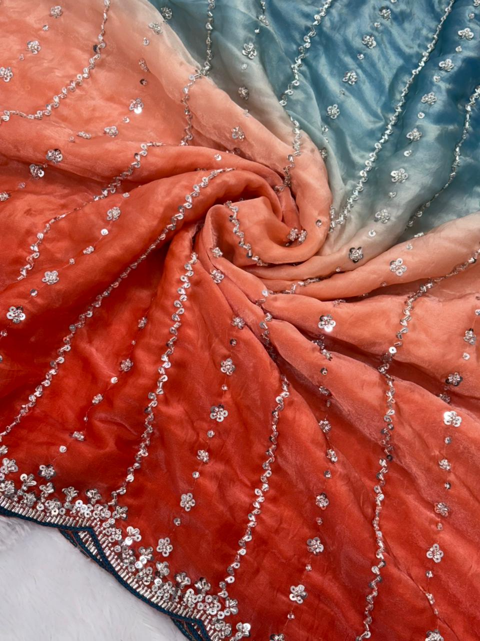 Luxurious Dual-Shade Space Silk Saree with Original Bead Work