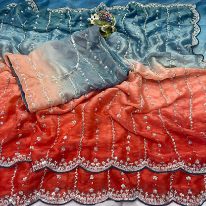 Luxurious Dual-Shade Space Silk Saree with Original Bead Work