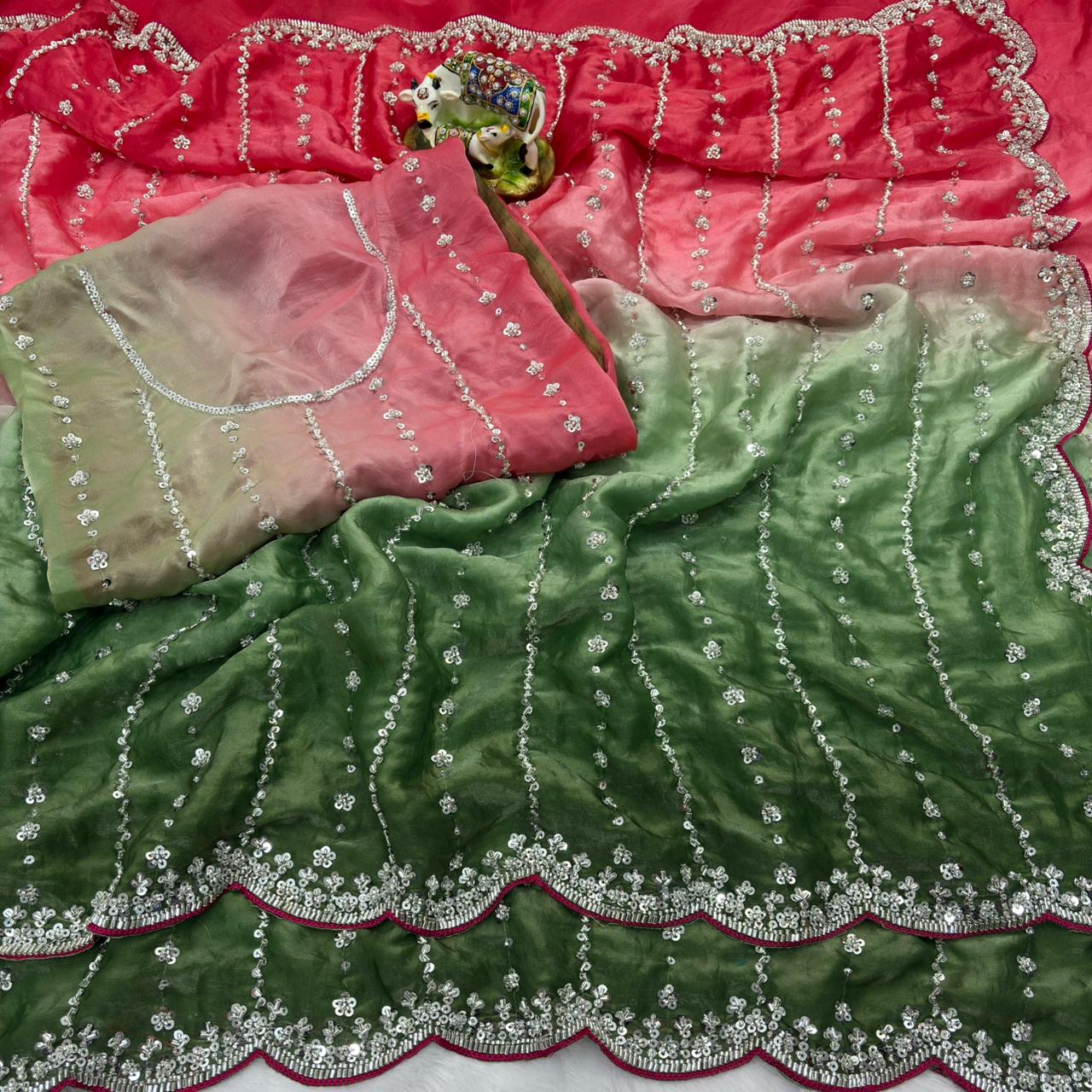 Luxurious Dual-Shade Space Silk Saree with Original Bead Work