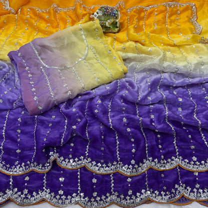 Luxurious Dual-Shade Space Silk Saree with Original Bead Work