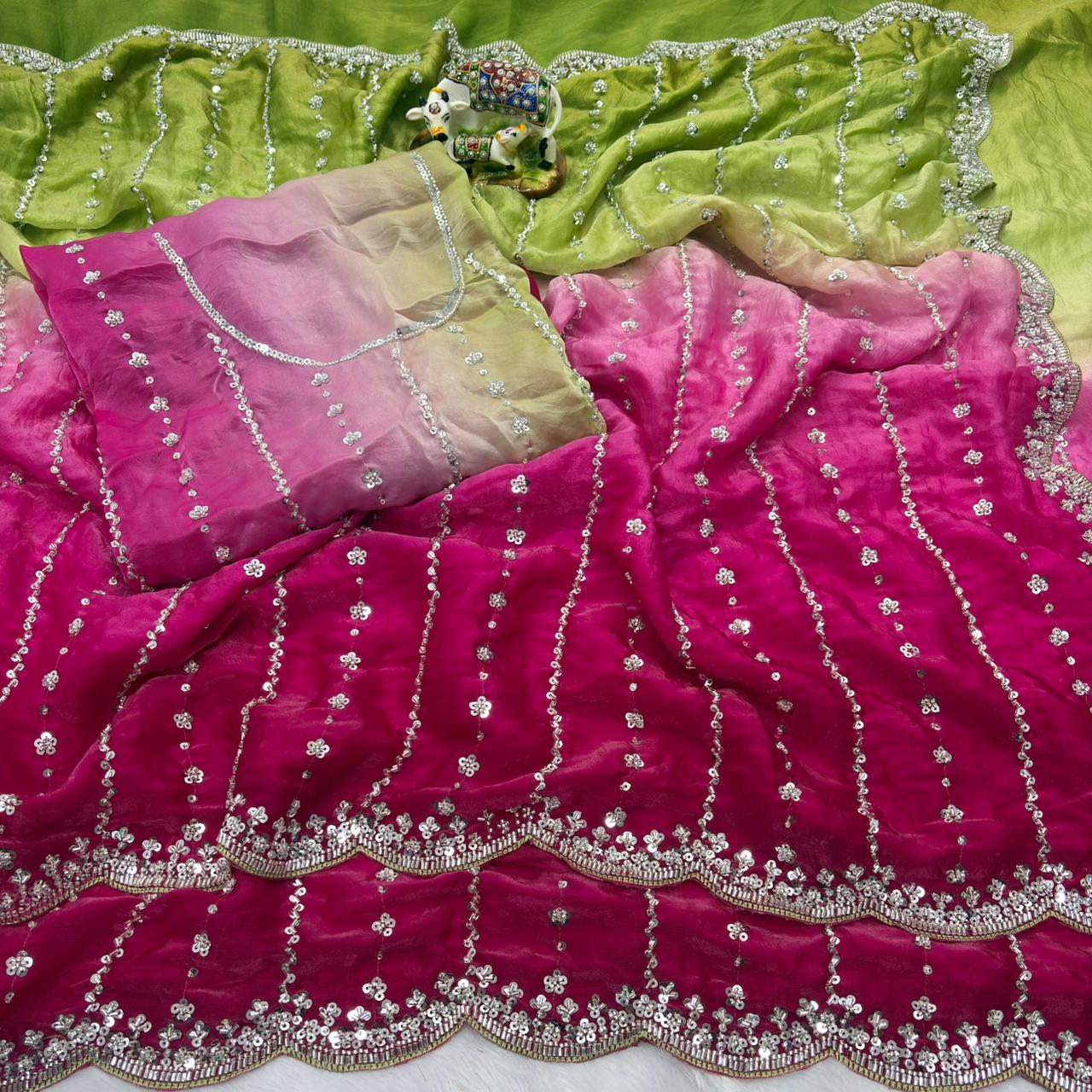 Luxurious Dual-Shade Space Silk Saree with Original Bead Work