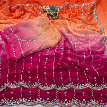 Luxurious Dual-Shade Space Silk Saree with Original Bead Work