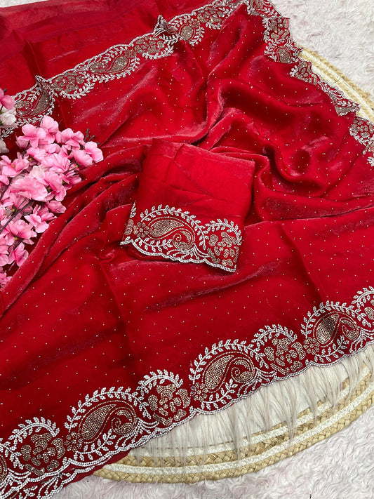 Premium Space Soft Silk Blooming Saree with Jarkhan & Swarovski Work