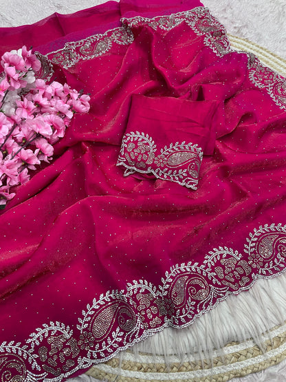 Premium Space Soft Silk Blooming Saree with Jarkhan & Swarovski Work