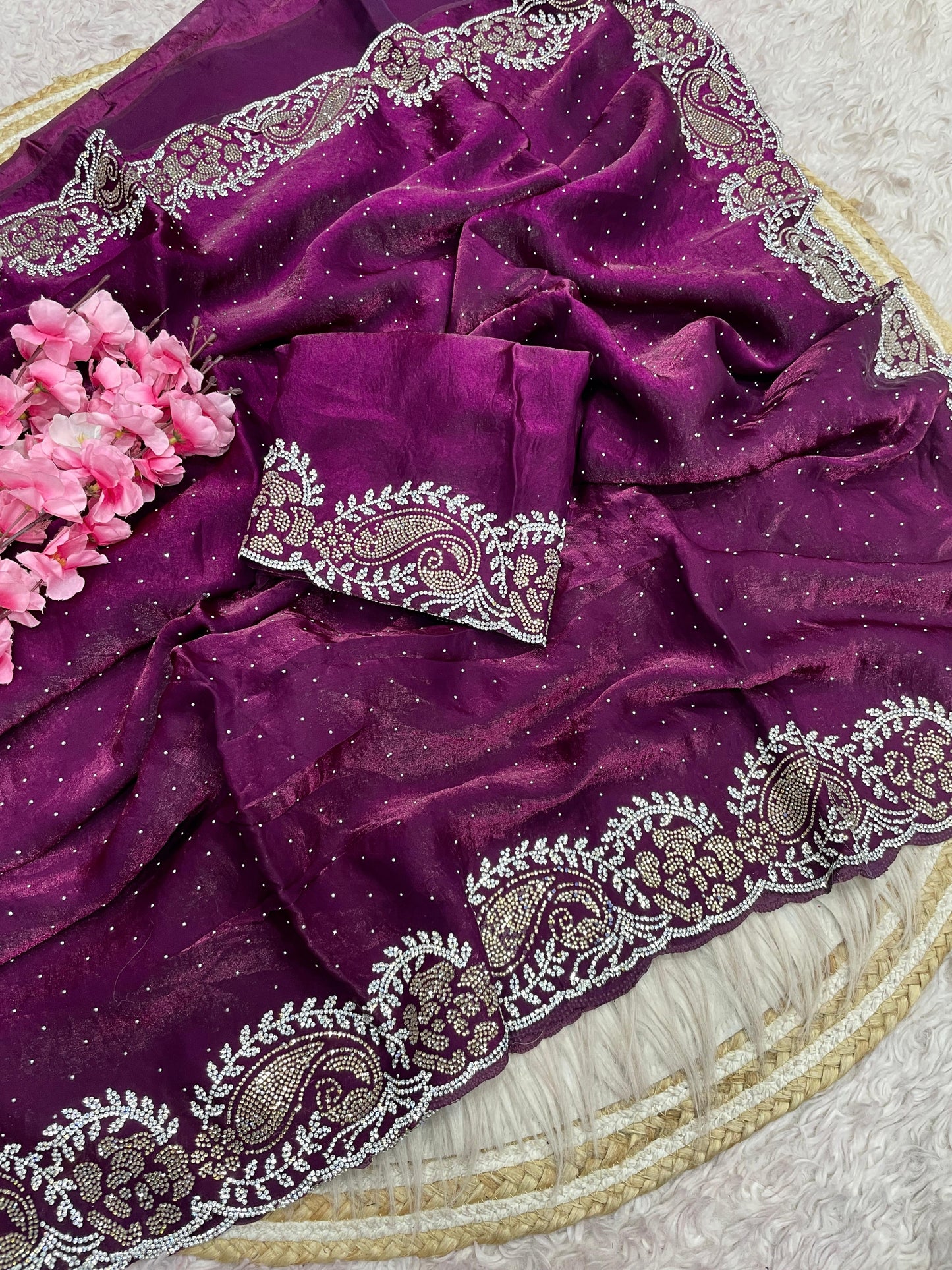 Premium Space Soft Silk Blooming Saree with Jarkhan & Swarovski Work
