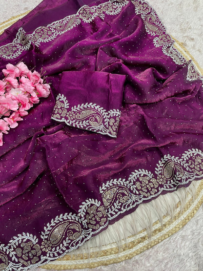 Premium Space Soft Silk Blooming Saree with Jarkhan & Swarovski Work