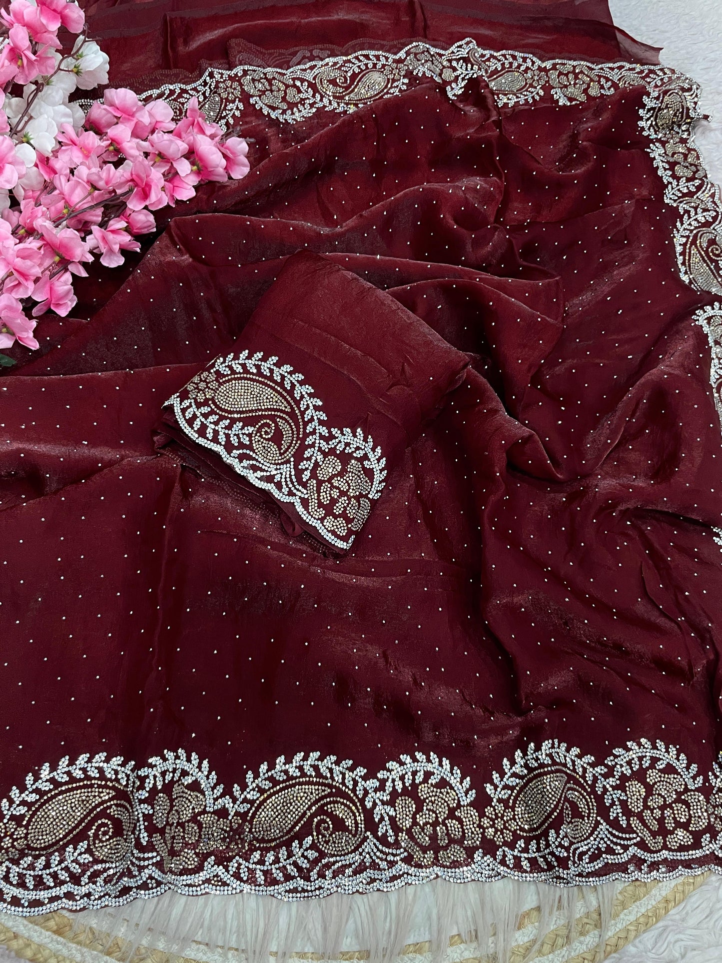 Premium Space Soft Silk Blooming Saree with Jarkhan & Swarovski Work