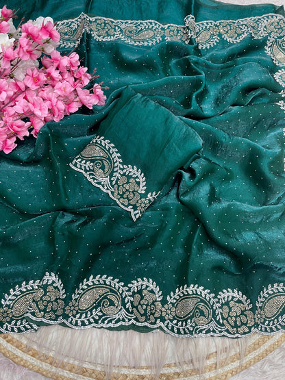 Premium Space Soft Silk Blooming Saree with Jarkhan & Swarovski Work