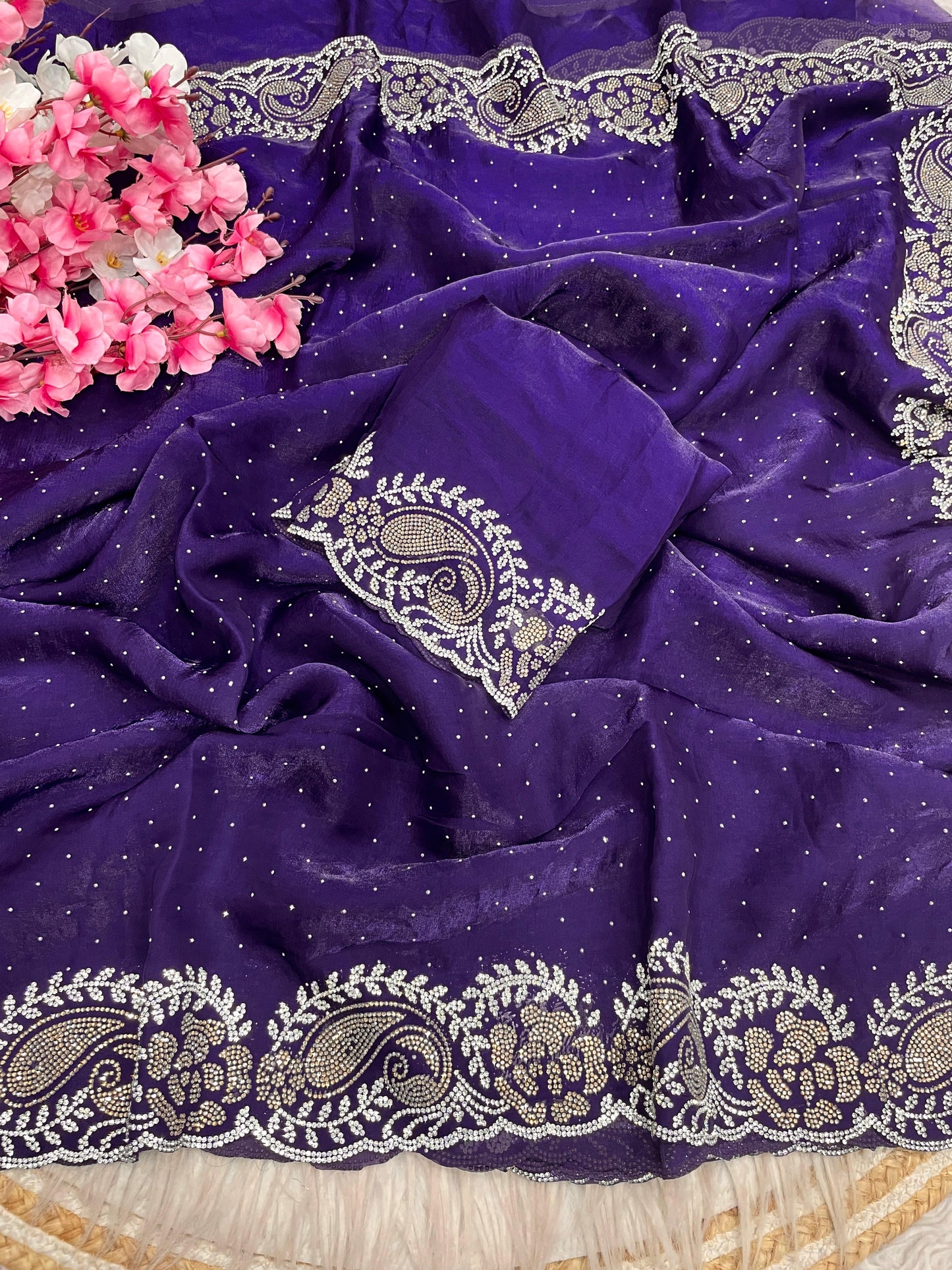 Premium Space Soft Silk Blooming Saree with Jarkhan & Swarovski Work