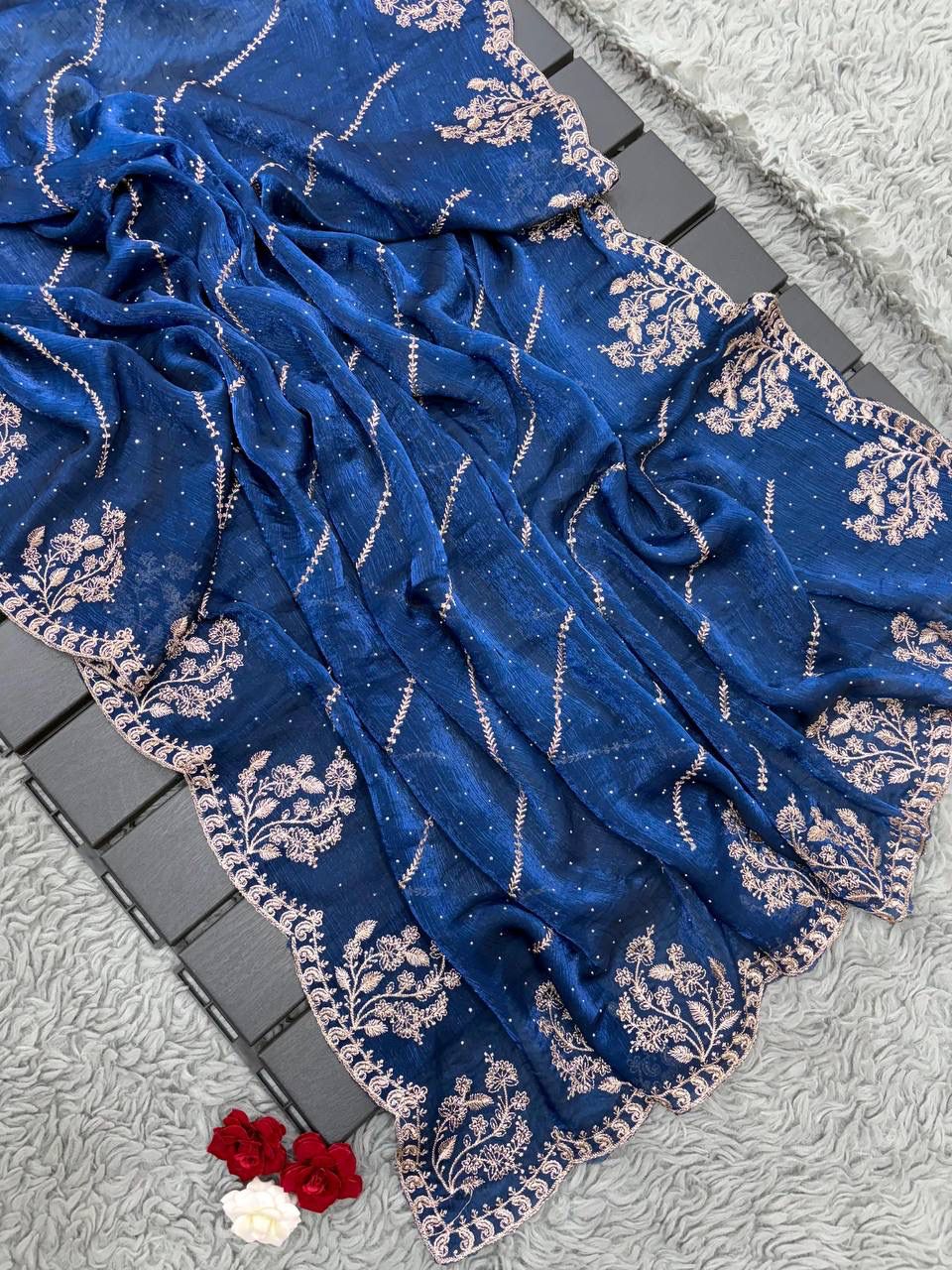 Premium Two-Tone Fendy Chiffon Silk Saree with Intricate Floral Embroidery