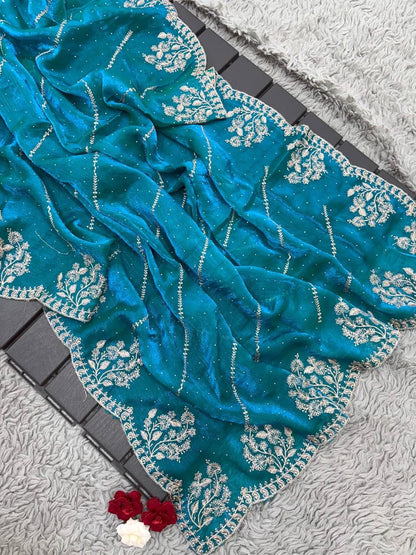 Premium Two-Tone Fendy Chiffon Silk Saree with Intricate Floral Embroidery