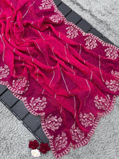 Premium Two-Tone Fendy Chiffon Silk Saree with Intricate Floral Embroidery