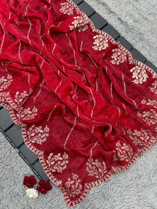 Premium Two-Tone Fendy Chiffon Silk Saree with Intricate Floral Embroidery