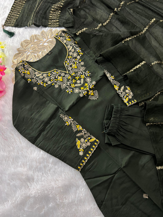 Premium Mehendi Green Roman Silk Embroidered Kurti Set with Dupatta