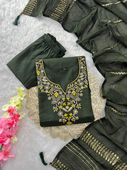 Premium Mehendi Green Roman Silk Embroidered Kurti Set with Dupatta