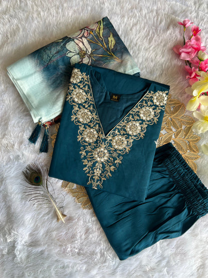 New Designer Teal Blue Roman Silk Kurti Pant Dupatta Set