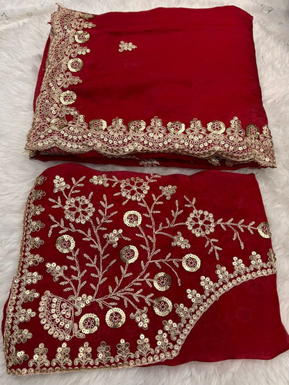 Premium Heavy Fox Blooming Saree With Exquisite Sequins & Cording Embroidery work