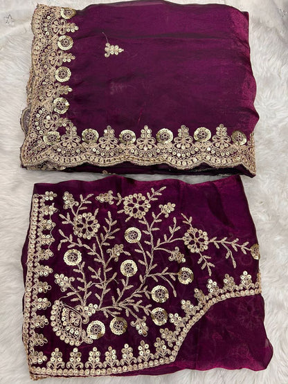 Premium Heavy Fox Blooming Saree With Exquisite Sequins & Cording Embroidery work